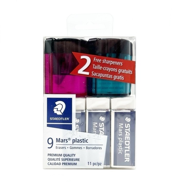 Staedtler Set of 9 Mars Erasers & 2 Manual Pencil Sharpeners Green Pink New NWT - Picture 1 of 7